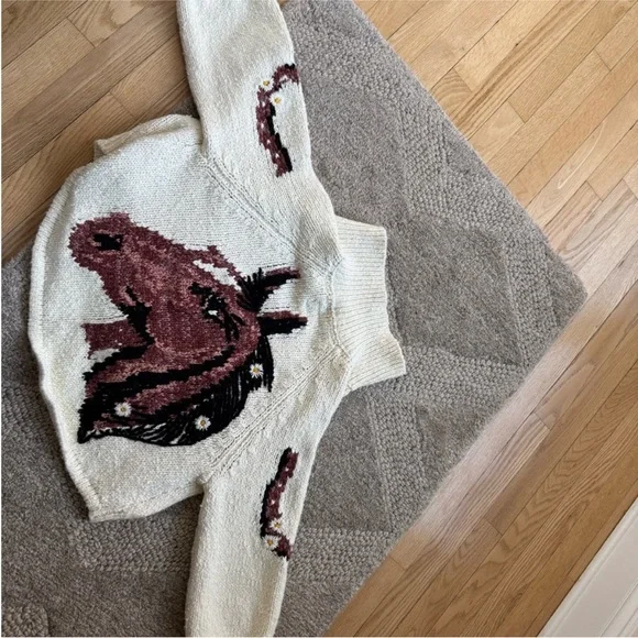 Pilcro Cream and Brown Horse Pattern Cropped Sweater size XXSP Anthropologie - Picture 2 of 8